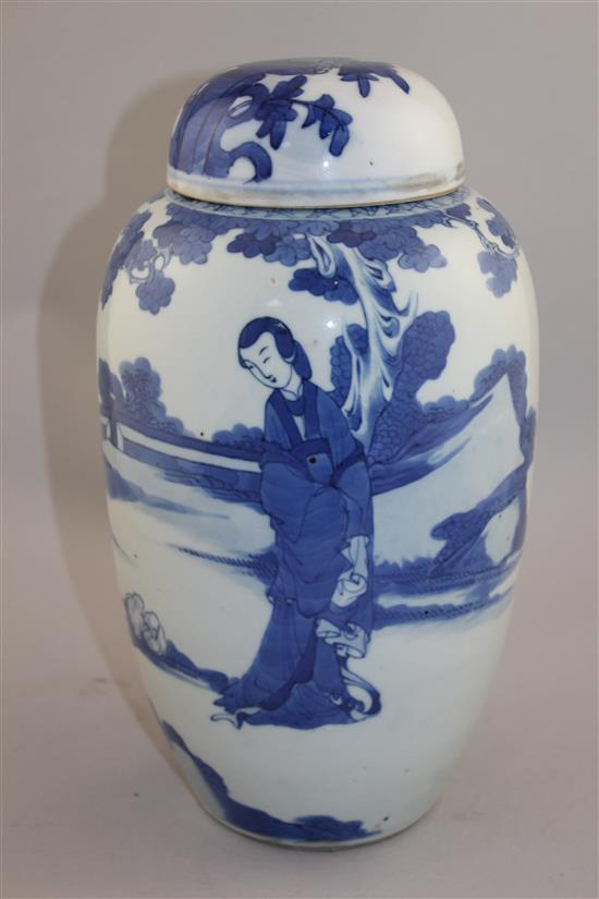 A Chinese blue and white ovoid jar, 19th century, 27cm, associated cover